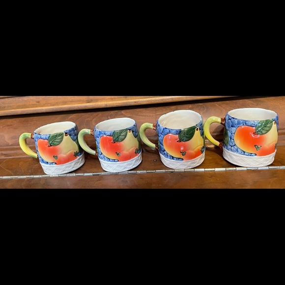 4 Ceramic Coffee Cups Embossed with Fruit in Bright Oranges, Yellows & Blues! - Picture 3 of 8